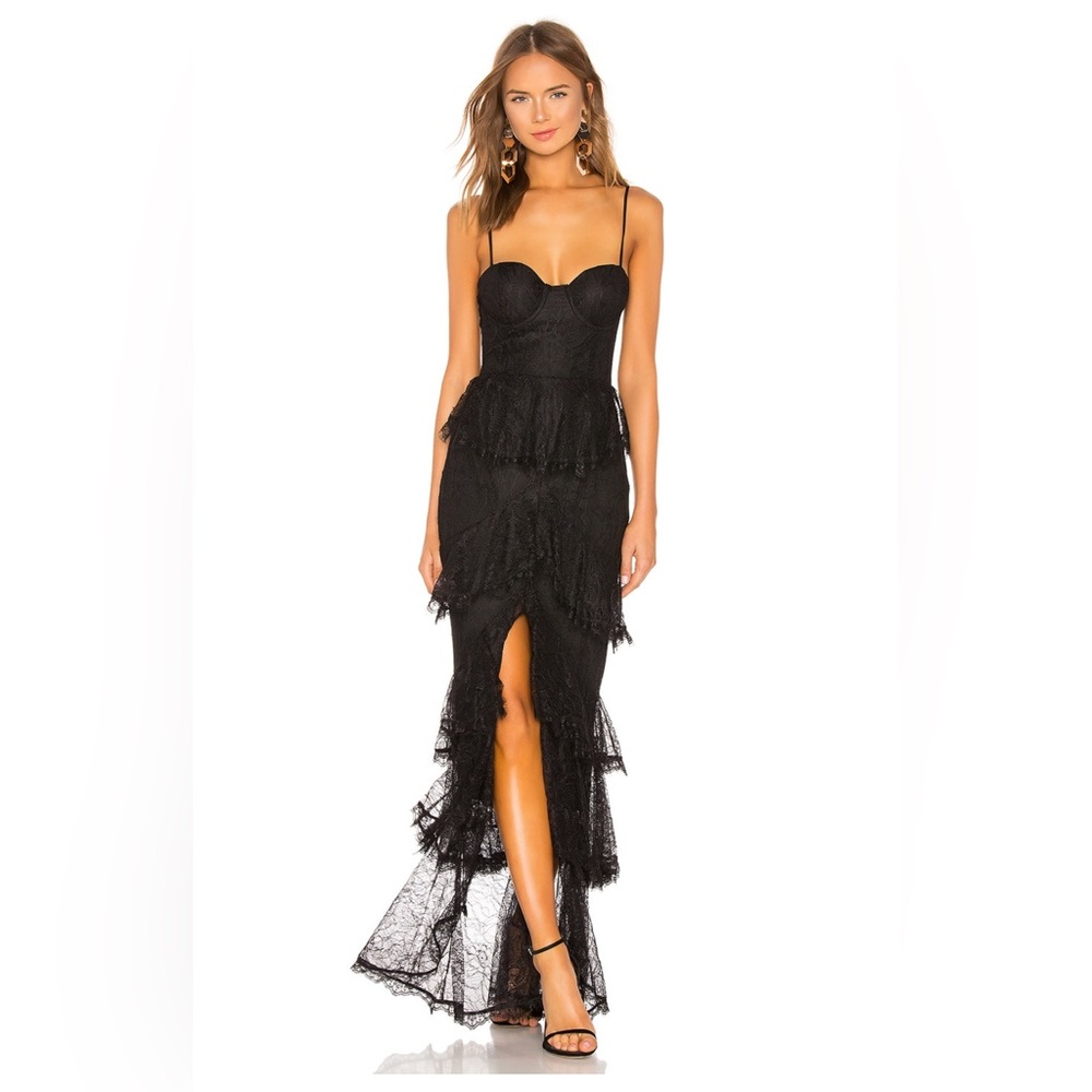 Majorelle Zelda Fitz Lace Tiered Maxi Dress Gown Black | XS